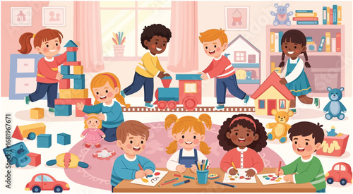 Diverse group of children playing with toys in a nursery. Kindergarten friends enjoying playtime together. Early childhood education and development concept. Cartoon illustration.