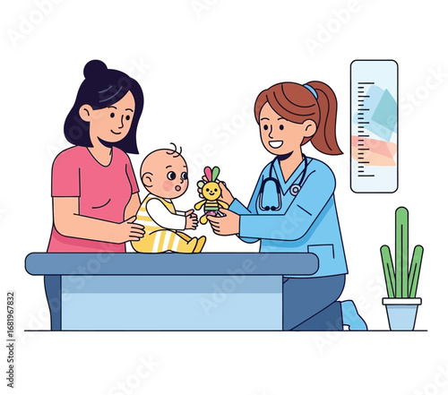Mother with her cute baby visiting pediatrician in clinic Vector illustration