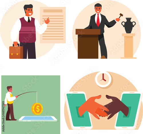 Business and Finance Vector Illustration Set with Auction, Online Payment and Digital Agreement
