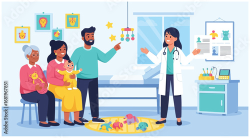 family visiting Pediatric to examine the baby. vector illustration