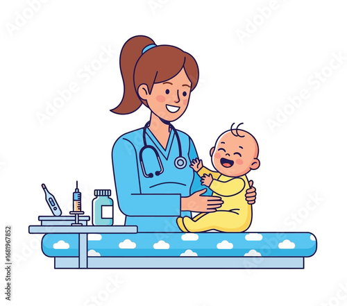 Pediatrician examining cute baby in clinic. vector illustration