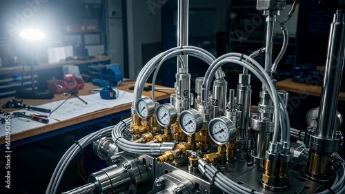 Seafloor carbon storage injection manifold assembly featuring advanced hydraulic actuators and control valves under development in a specialist shop.
