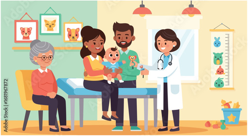 family with her cute baby visiting pediatrician in clinic. vector illustration