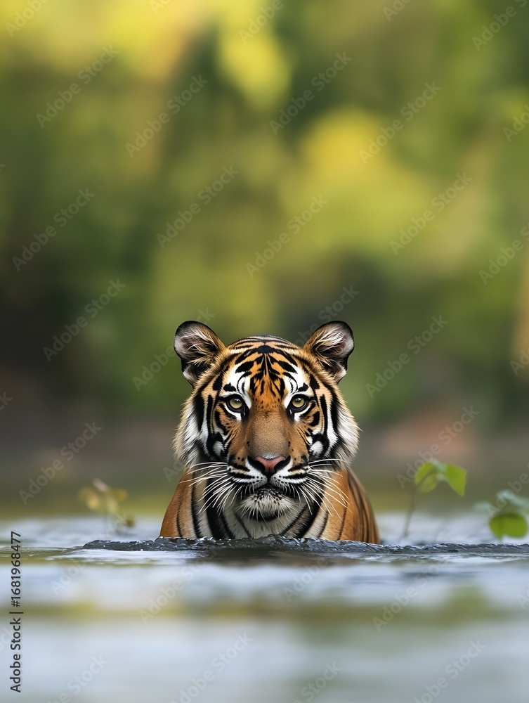 Naklejka premium Majestic Tiger in its Natural Habitat: A Wildlife Conservation Focused Portrait of the Ferocious Predator