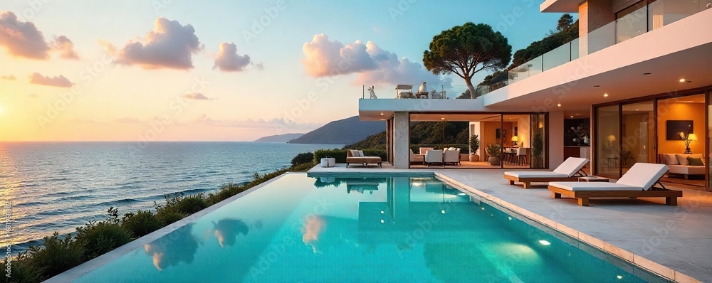 Fototapeta premium Luxurious holiday villa with private pool and stunning ocean views Perfect for a relaxing getaway or family vacation Enjoy breathtaking sunsets and outdoor living , idyllic, luxury, destination