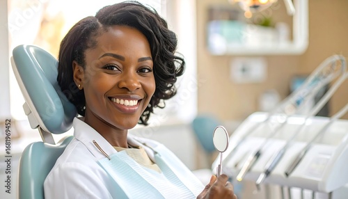 A cheerful patient smiles warmly, seated in a modern dental office.