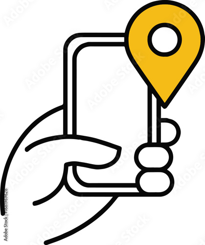Hand holding a mobile phone with a location pin on the screen, isolated on white background, representing gps navigation, online search, travel guide, and digital communication for finding places