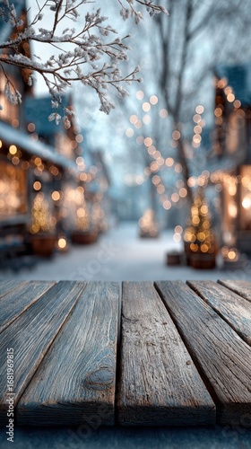 Winter evening in a cozy village with festive lights shining on snowy pathways
