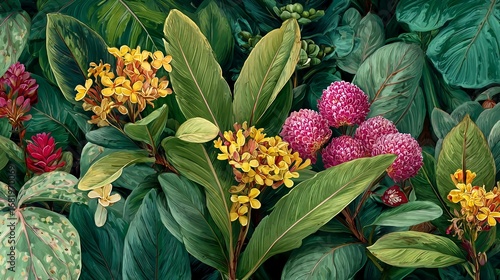 A detailed and vibrant depiction of various tropical flowers and lush green foliage.