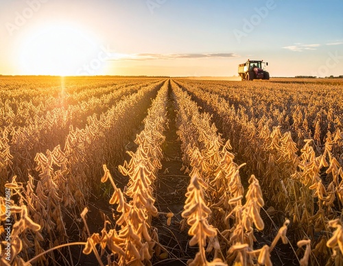 Golden Soybean Field Ready for Harvest with Tractor in Rural Argentina – Warm Light