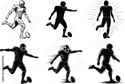 American football player kicking ball – silhouette and sketch sports action illustration set