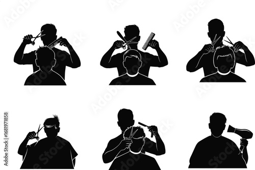 Barber Silhouettes Cutting Hair, Styling Clients, Using Scissors, Combs, Clippers, and Hairdryers in Salon