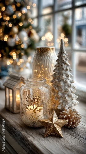 Decorative holiday display featuring candles, ornaments, and a Christmas tree near window with bokeh lights