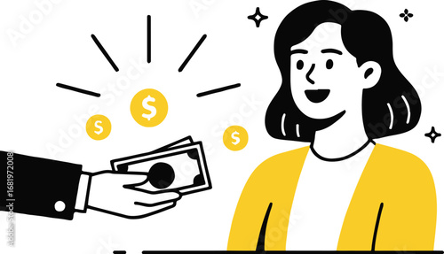 Illustration of a woman is receiving money as payment, representing income, salary, and financial success isolated on white background