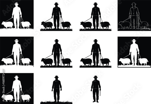 Farmer walking sheep silhouette vector, rural farming animal illustration, shepherd with livestock, farm outdoor nature