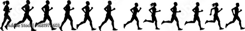 Group of running men and women side view of vector runner silhouette
