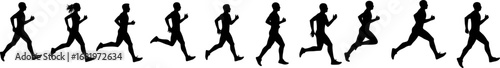 Group of running men and women side view of vector runner silhouette
