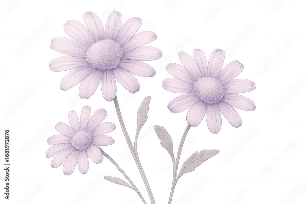 Fototapeta premium Purple daisies blooming on stems with leaves, isolated on transparent background, perfect for spring designs