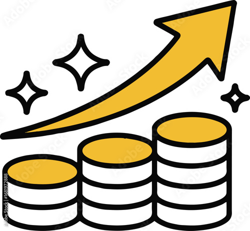 Illustration of growth and increase of coins stack with arrow isolated on white background business finance and investment success with profit in market and economy financial wealth and saving