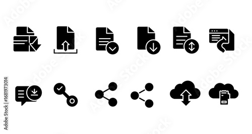 Diverse icons of file management and cloud communication in solid style