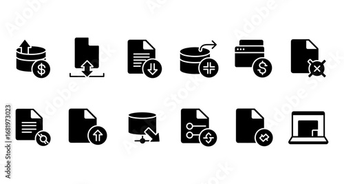 Monochrome file management and database icons set for digital applications