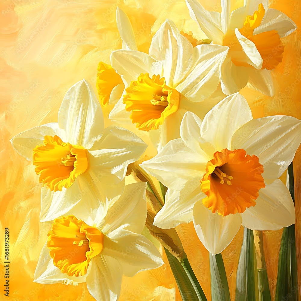 Obraz premium Picturesque daffodil flowers glowing gently in golden sunny fields picture