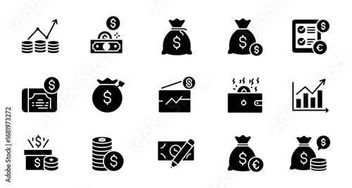 Financial growth icons: set of monetary symbols and economic charts