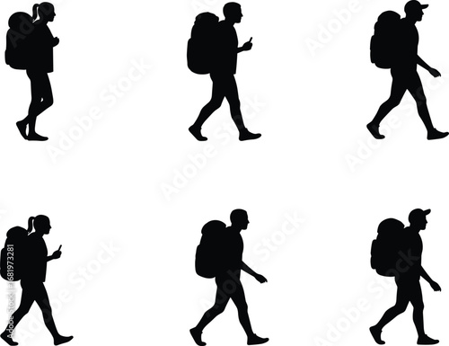 Silhouette hikers with backpacks walking, male and female travelers in motion, trekking vector illustration set