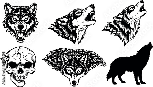 Wolf heads and howling wolf silhouette with detailed skull vector set 