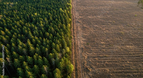 Aerial View of Lush Forest Beside Recently Cleared Agricultural Land in Contrast at Sunset