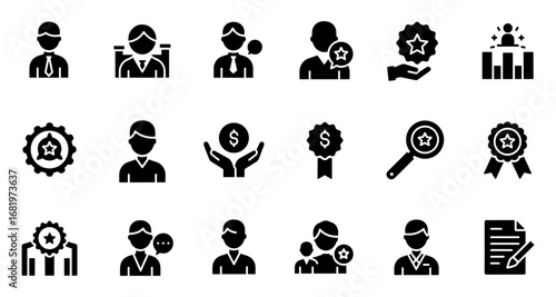 Business achievement icons set featuring success, awards, and leadership in silhouette style