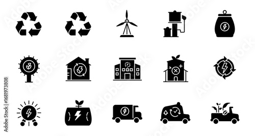 Sustainable energy icons set featuring renewable and electric solutions