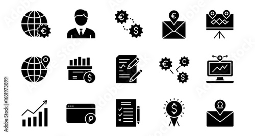 Financial and business icons set featuring global, currency, and analytics symbols
