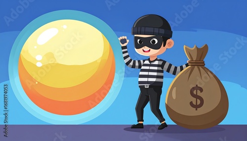 Cartoon thief with money bag