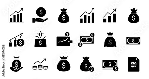 Financial icons set: growth, savings, and investment symbols in black