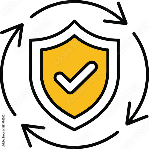 Illustration of a shield surrounded by arrows, representing security, protection, and continuous updates for data safety and privacy