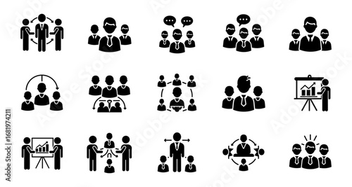 Business meeting icons: silhouette teamwork and leadership symbols for presentations