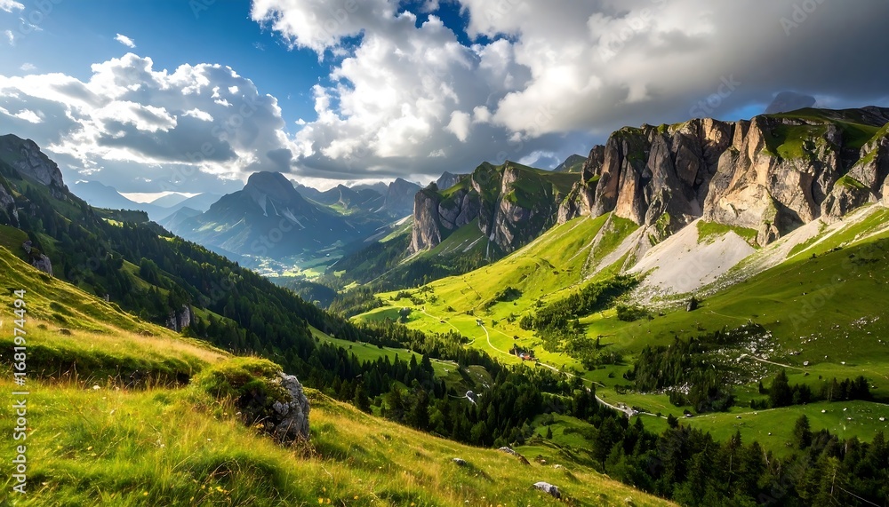Fototapeta premium A vast valley stretches between towering mountain peaks, bathed in the light of a vibrant summer day.