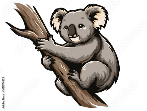 Koala climbing a tree in a vibrant illustration