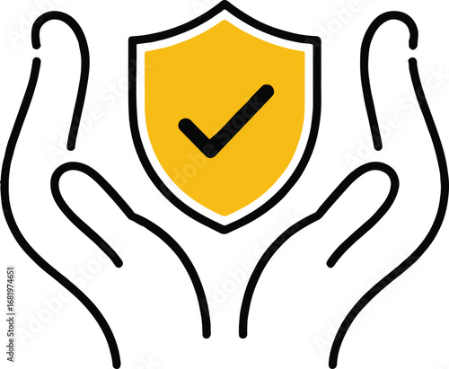 Vector art of security icon with shield and check mark in hands, representing data protection and cybersecurity