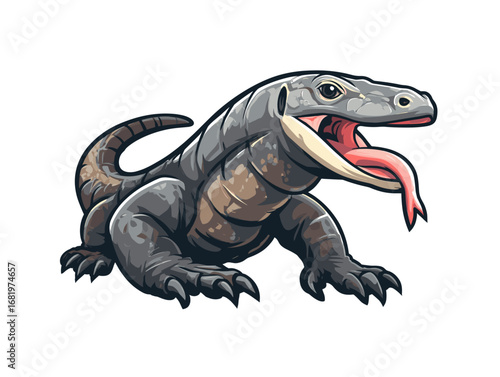 Komodo dragon resting with tongue out at daytime