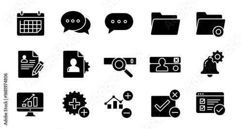 Silhouette icons for business: calendar, chat, folders, profile, search, notifications, settings, data, and web interface