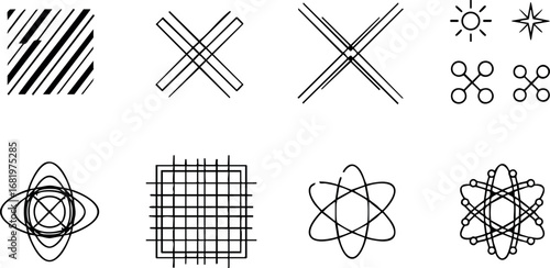 Abstract black line geometric shapes and atomic structure vector set illustration 