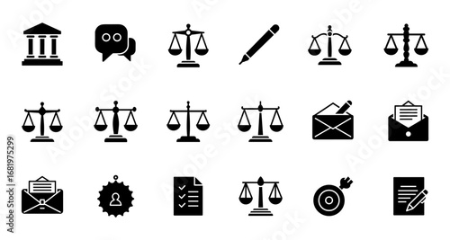 Set of justice and legal icons in black silhouette style