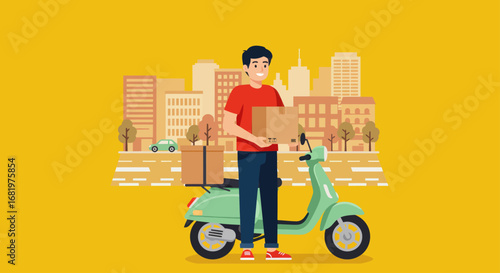Delivery Person on Scooter in Urban Setting, Cartoon Style.