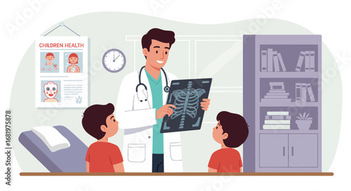 Smiling Doctor Showing Chest X-Ray to Two Attentive Boys.