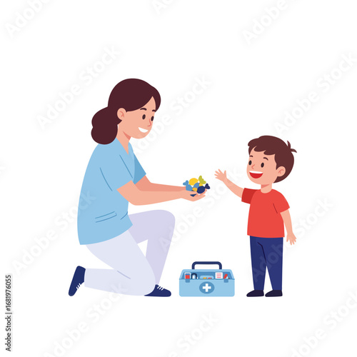 Friendly female nurse kneeling, giving a toy car to a happy young boy next to a blue first-aid kit.