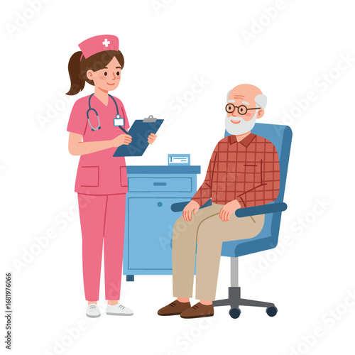 Nurse Consulting with Senior Patient in Cartoon Style.