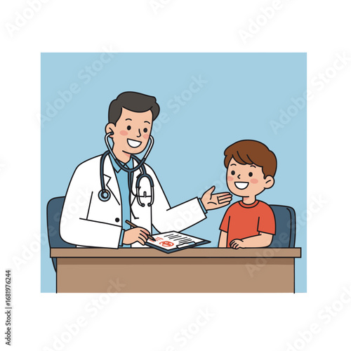 Cartoon doctor with stethoscope and clipboard examining a smiling young boy patient.