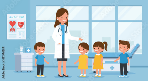 Friendly Female Pediatrician with Four Smiling Children in Clinic.